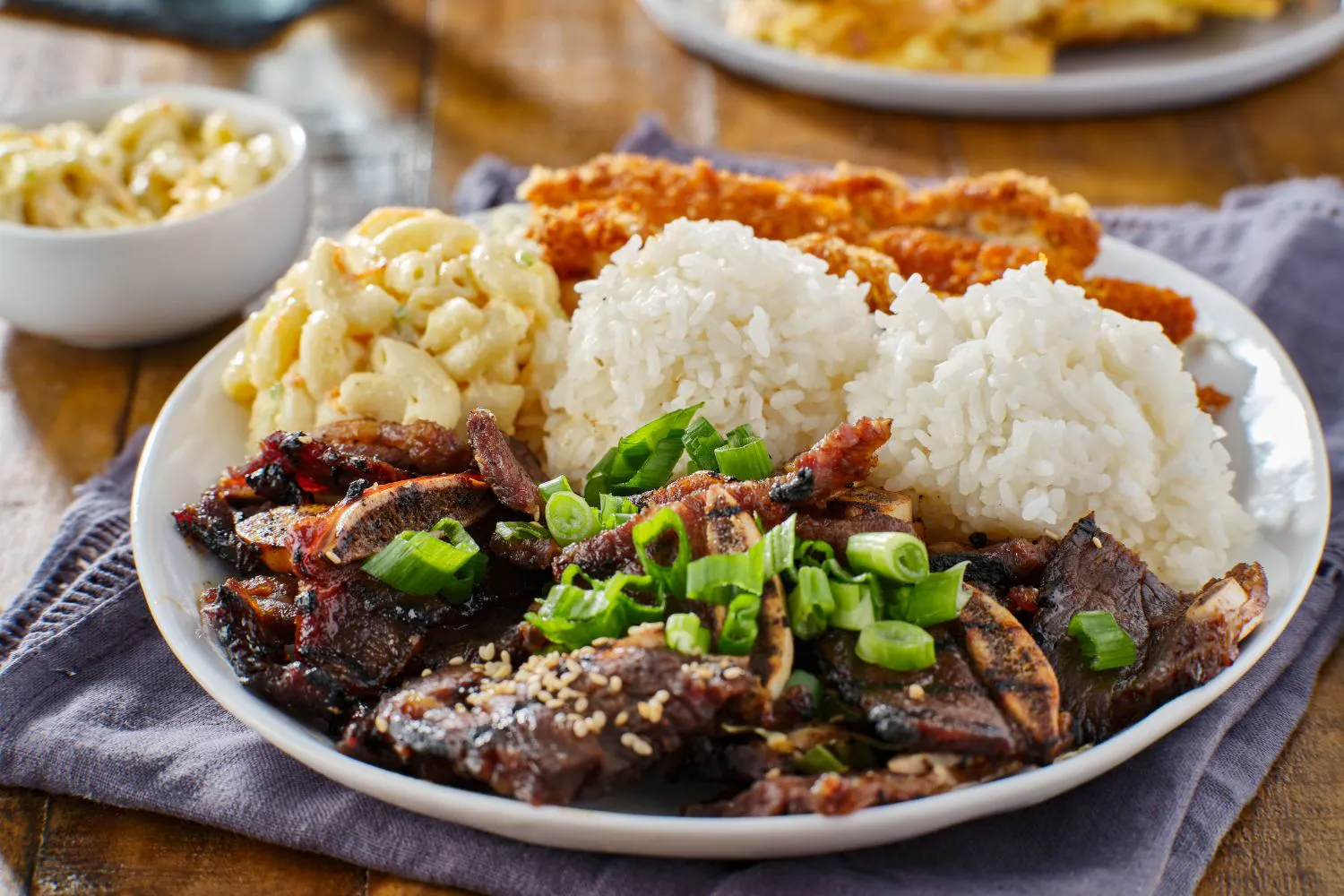 BBQ platter with grilled short ribs, rice, mac salad and chicken at Ohana Grill Hawaiian BBQ, a Hawaiian Restaurant in Oxnard