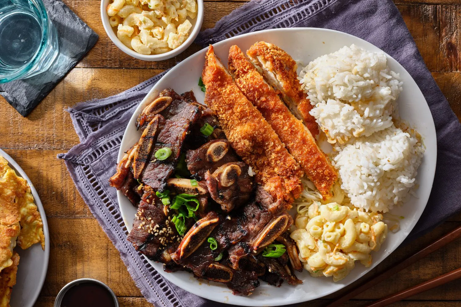 Combo plate with grilled ribs, fried chicken, rice and mac salad at Ohana Grill Hawaiian BBQ, a Hawaiian Restaurant in Oxnard
