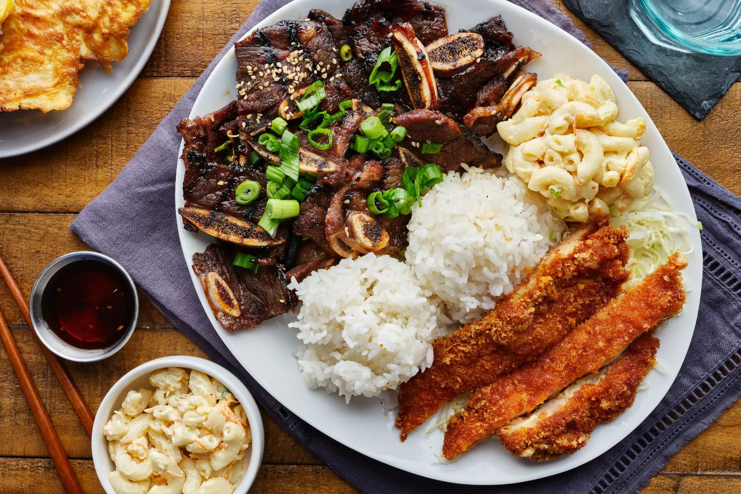 Grilled short ribs and fried chicken combo with rice and mac salad at Ohana Grill Hawaiian BBQ, a Hawaiian Restaurant in Oxnard