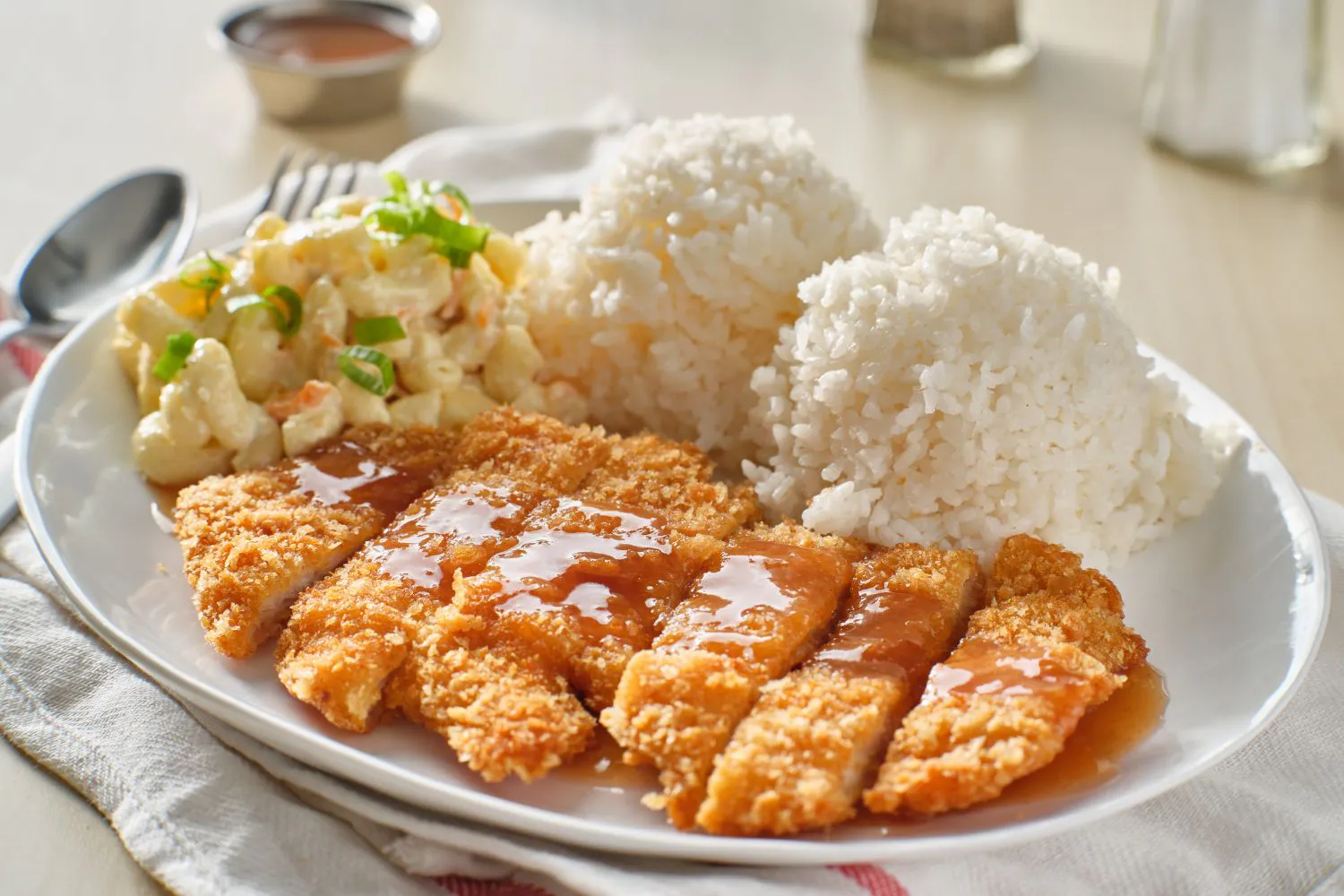 Chicken katsu with teriyaki sauce, rice and mac salad at Ohana Grill Hawaiian BBQ, a Hawaiian Restaurant in Oxnard